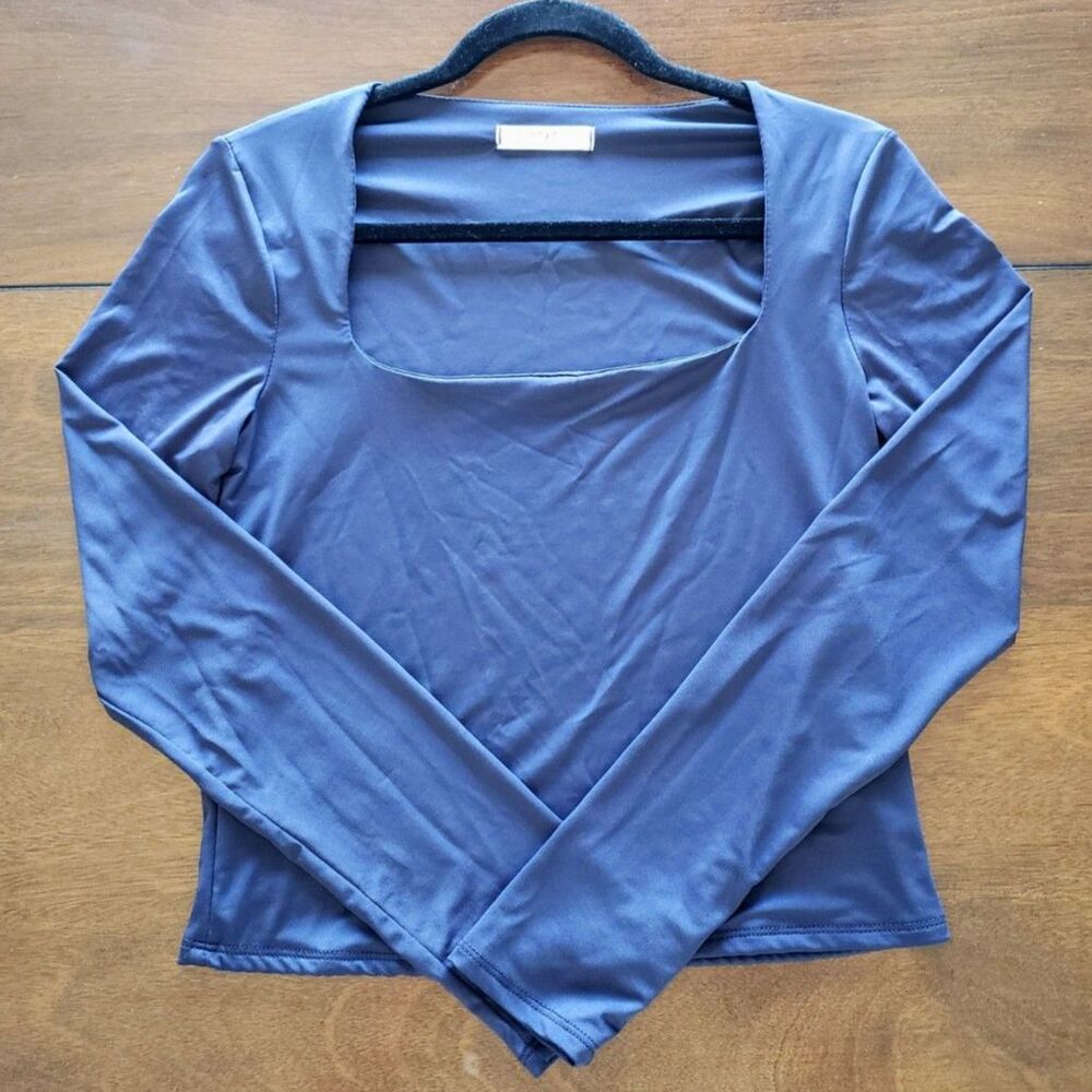 Gaze - Square Neck / Cropped Blouse - Long Sleeves - Navy Blue - Women Size L